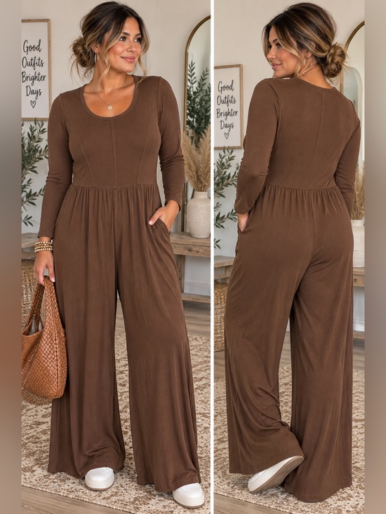 new in Pants - NWT New In Wide Leg Chocolate Brown Long Sleeve Jumpsuit Size Large